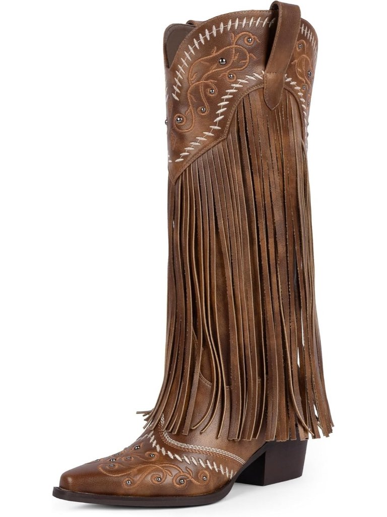 Women's Brown Cowgirl Western Pointed Toe Chunky Knee High Embroidered Heel Boot